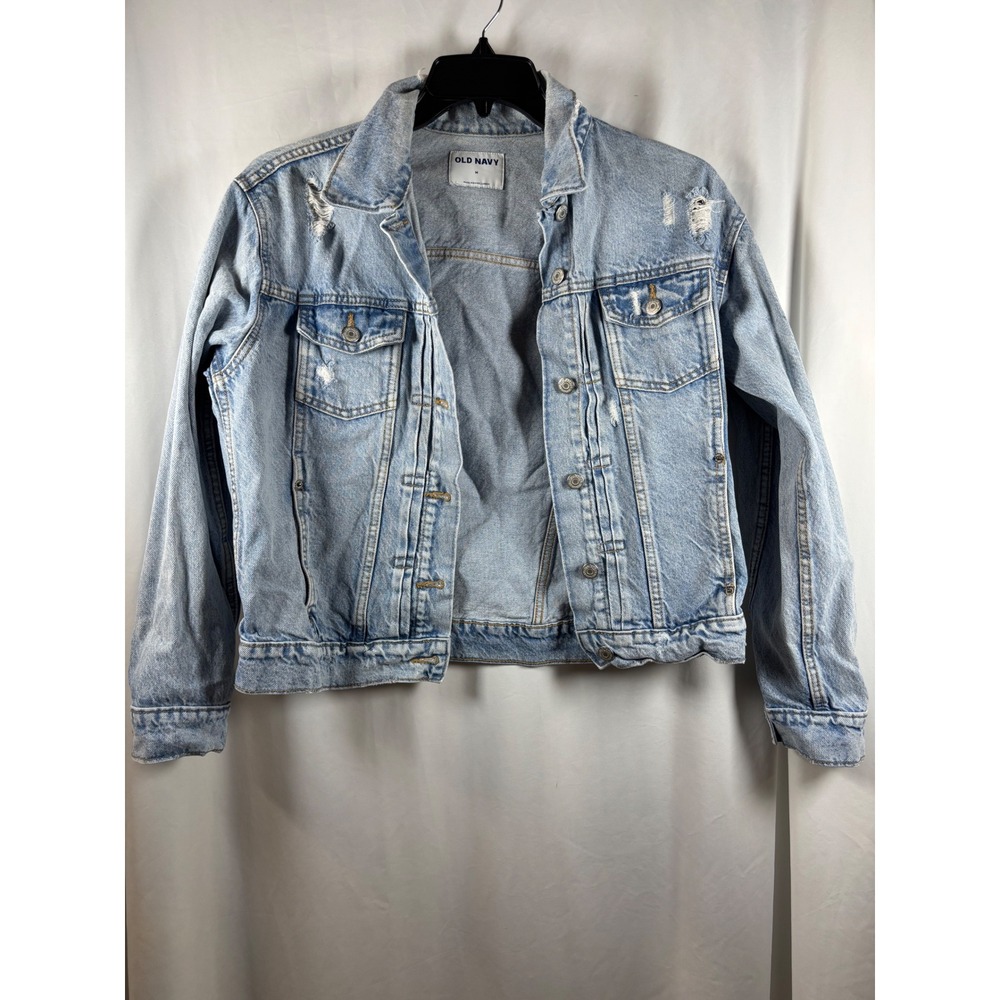 Old Navy Womens Light Wash Distressed Denim Trucker Jacket Size M Blue Cotton